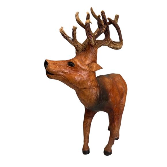 Vintage Leather Covered Deer Buck Figurine with 12-Point Rack Antlers - Picture 3 of 10